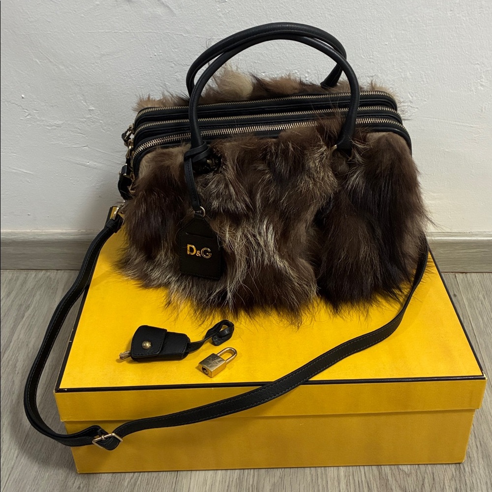 D&G Brown and Black Fur Satchel with Gold Hardware